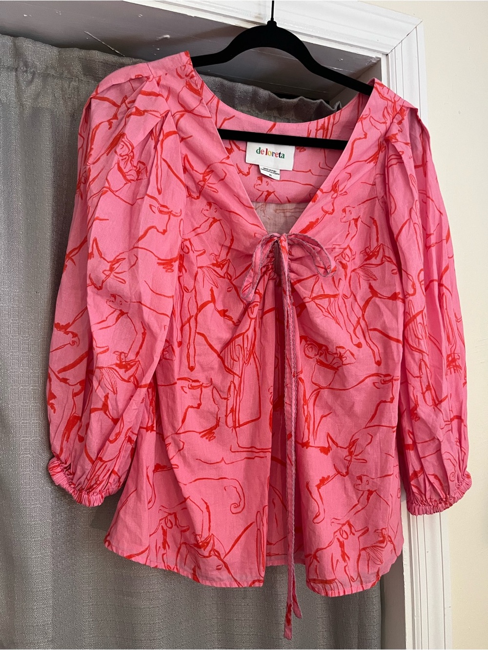 De Loreta Pink Tie-Neck Printed Peasant Blouse XS